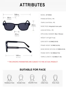 Detailed sizing chart for black square PC sunglasses showing frame width and lens dimensions