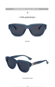 Detailed front and side views of transparent blue gray cat eye polarized sunglasses