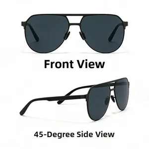 Front and 45-degree side view of matte black aviator sunglasses with double bridge frame