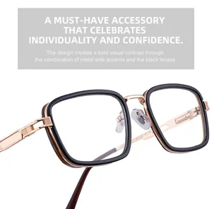 Macro shot of square black frames with gold metal temples and spring hinge details