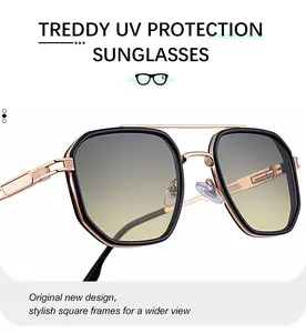 Detail view of double bridge square sunglasses with gold metal frame and gradient lenses