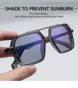 Detail of square polarized sunglasses with double-bridge design and purple coating lens