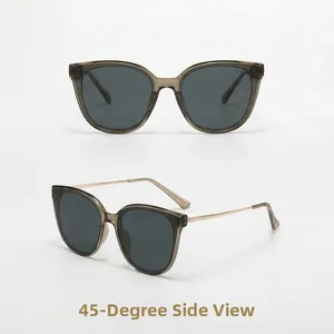 Détail de lunettes de soleil œil-de-chat avec monture grise et branches dorées fines