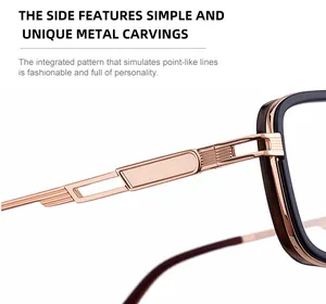 Detail of square sunglasses frame with intricate metal carvings and hollowed-out side temples
