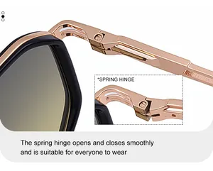 Detail of rose gold metal spring hinges on square polarized sunglasses for men