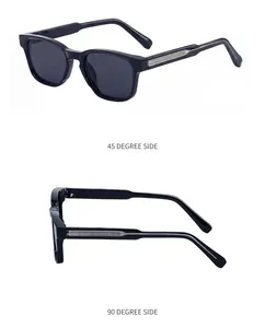Detail view of square frame sunglasses showing silver arrow pattern on black temples