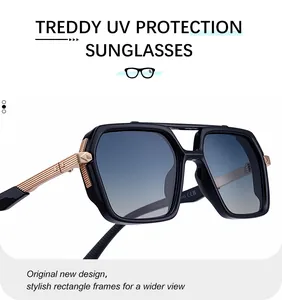 Detail of square sunglasses featuring golden metal temples with non-slip texture and UV lenses