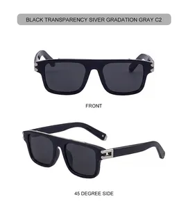 Detalle de gafas cuadradas con bisagra rectangular de metal calado y lentes degradadas