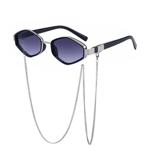 Chic hexagonal sunglasses with purple gradient lenses and silver metal chain accessory