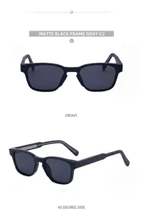 Macro view of matte black square sunglasses frame with gray lenses shown from 45-degree angle