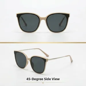 Lunettes de soleil œil de chat polarisées bicolores noires et beige, vue de profil à 45°