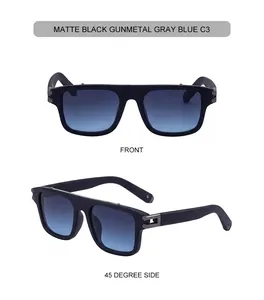 Vista frontal y lateral de gafas de sol cuadradas en negro mate con lentes azules degradadas