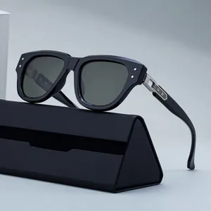 Fashionable black cat-eye polarized sunglasses for men with silver metal accents