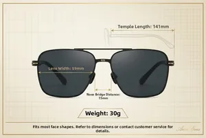 Detailed sizing guide showing lens width and temple length for square polarized sunglasses