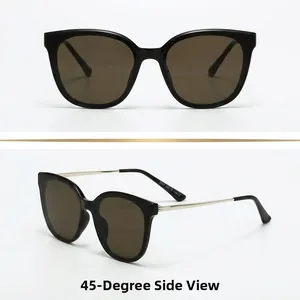 Vue détaillée latérale de lunettes de soleil œil-de-chat avec monture noire et charnières