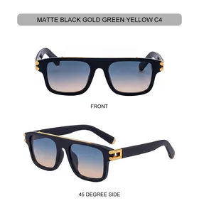 Vistas frontal y lateral de 45 grados de gafas de sol cuadradas en negro mate con oro