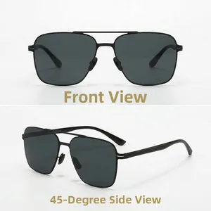 Front and 45-degree side views of square polarized sunglasses with stainless steel temples
