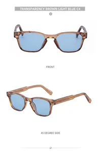 Modern square sunglasses in transparency brown with light blue lenses from two angles