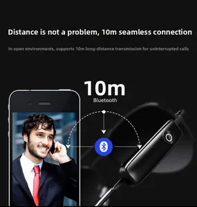 Détail du module Bluetooth de lunettes connectées avec bouton et icône de portée de 10m