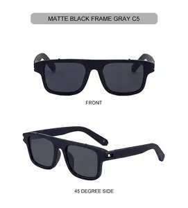Vistas detalladas de gafas de sol cuadradas en negro mate con lentes grises y ventilación