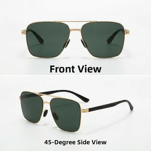 Front and 45-degree angle view of classic square polarized pilot sunglasses with gold frame