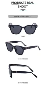 Three views of black square sunglasses with metallic hinges and grey lenses