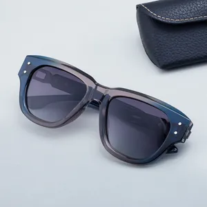 Polarized cat-eye sunglasses with gradient blue frames and leather case for men