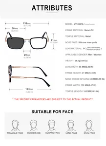 Detailed size chart and specifications for square frame photochromic punk sunglasses