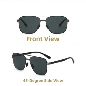 Front and 45-degree angle views of square polarized sunglasses with gunmetal steel frame