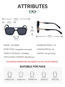 Detailed size chart of square frame sunglasses with gold bridge and PC lens measurements