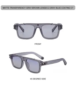 Detalle frontal y ángulo de 45 grados de gafas de sol cuadradas en gris mate