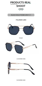 Detail view of square black and gold polarized sunglasses with dual bridge metal frame