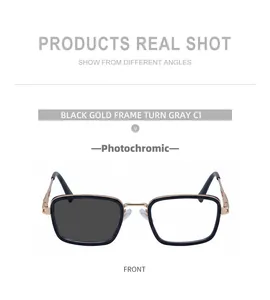 Detail view of photochromic square sunglasses with black gold frames and spring hinges