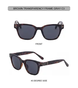 Detailed views of brown transparent square frame sunglasses with grey lenses and gold accents
