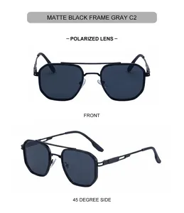Front and 45-degree views of matte black polarized square sunglasses with double bridge
