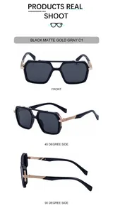 Three views of square double bridge sunglasses in matte black and gold finish