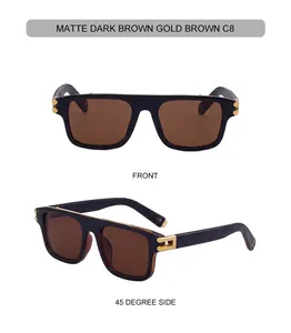 Detalle de las gafas de sol cuadradas marrón oscuro mate con detalles de metal dorado