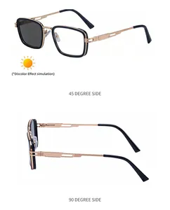 Detailed views of square photochromic sunglasses with gold geometric hollowed temples