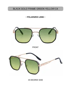 Detail view of square polarized sunglasses with black gold frames and gradient lenses