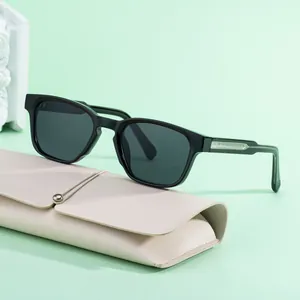 Classic black square sunglasses for women with silver metal temple decor and beige leather case