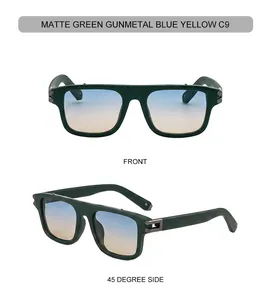 Vista frontal y lateral de gafas de sol cuadradas verde mate con lentes degradadas