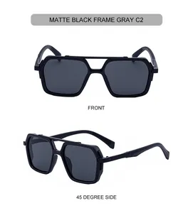 Front and 45-degree views of matte black square sunglasses with double-bridge and gray lenses