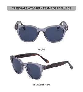 Detail view showing transparent green frame and tortoise pattern arms of square sunglasses
