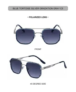 Front and 45-degree side views of square polarized sunglasses with blue tortoise frames