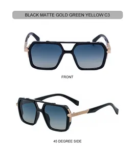 Front and side views of matte black pilot sunglasses with golden metal hinges