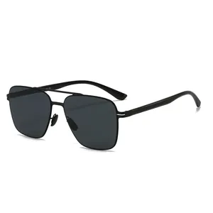Classic square polarized sunglasses with black metal frames and dark gray lenses for men