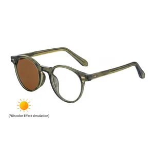 Retro photochromic round sunglasses for women with transparent olive green frames