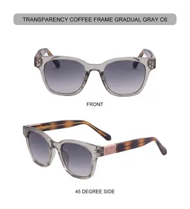Front and 45 degree side view of square sunglasses in transparency coffee and gradual gray