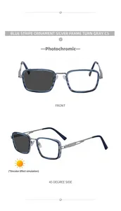 Detail of silver square photochromic sunglasses with blue stripe and spring hinges