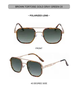 Close-up of polarized geometric sunglasses with tortoise shell frames and double bridge